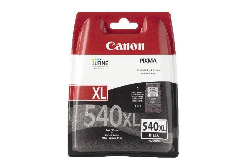 Cartucho de tinta negro Canon PIXMA 540XL, negro y rojo, sobre fondo blanco.