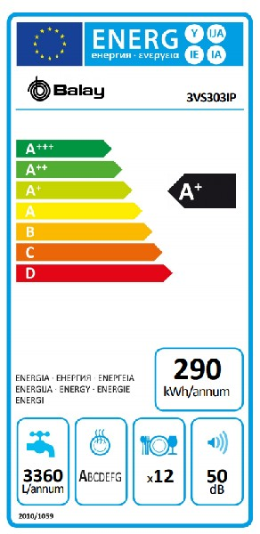 Lavavajillas - Balay 3VS 303 IP, 60cm, clase energética A+, 12 servicios, motor ExtraSilencioso