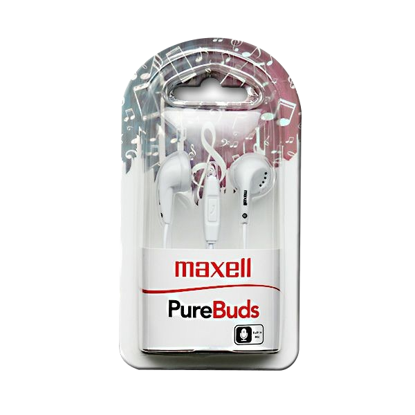 Fehér Maxell PureBuds fülhallgatók átlátszó műanyag csomagolásban, hangjegyekkel.