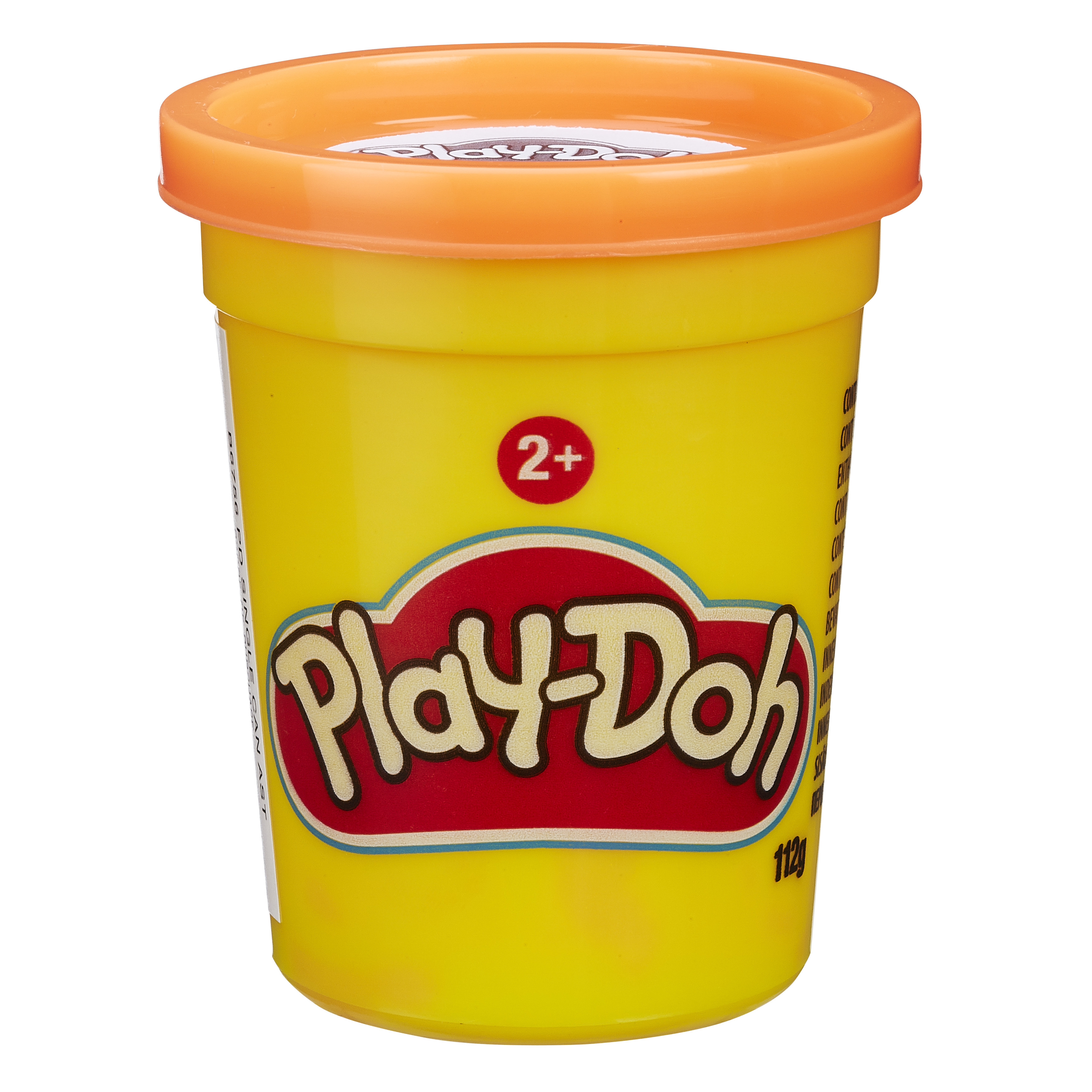 Ein gelber Play-Doh-Behälter mit einem orangefarbenen Deckel. Das Play-Doh-Logo ist sichtbar.