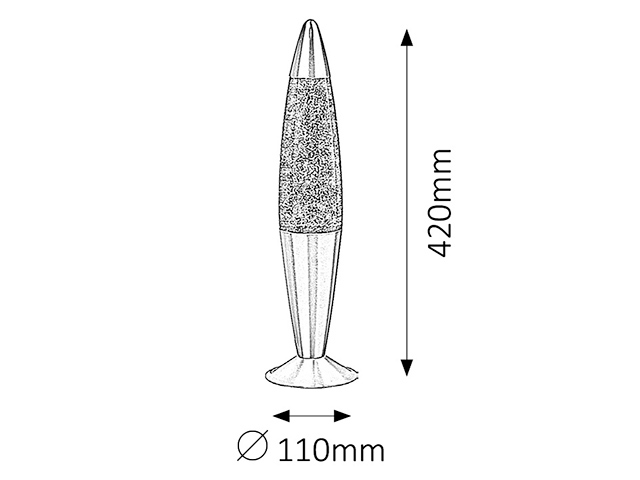 Lávafény rajz. Méretek: 420 mm magas és 110 mm átmérőjű.