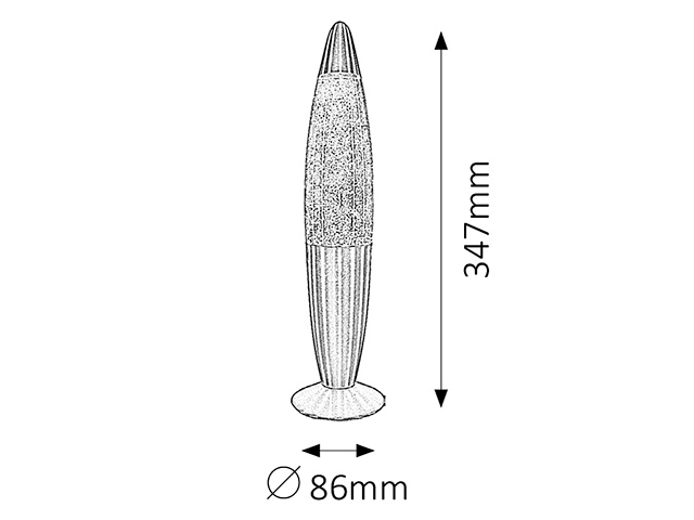 Egy lávalámpa vonalas rajza méretekkel. A lámpa 347 mm magas és 86 mm átmérőjű. A lámpa talpa egy kis kör.