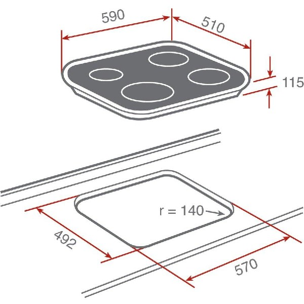 Una vista superior de un contorno de cocina eléctrica con dimensiones y un contorno de recorte.