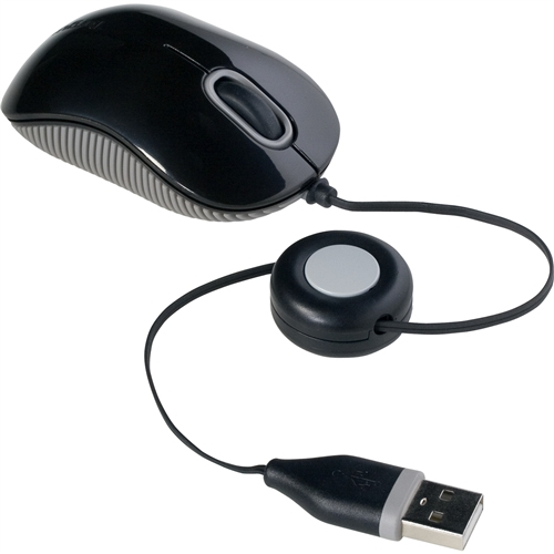 Un ratón de ordenador negro con cable USB y enrollador retráctil. Acento gris en el ratón.
