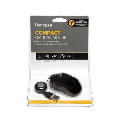 Ratón óptico compacto Targus en embalaje.