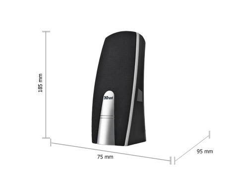 Siyah Trust hoparlör, boyutlar: 185 mm yükseklik, 75 mm genişlik, 95 mm derinlik.
