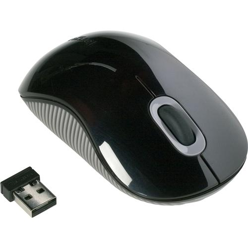 Ratón inalámbrico negro con receptor USB, sobre una superficie blanca.