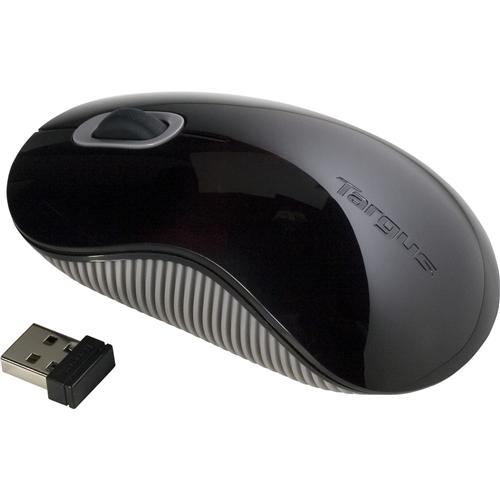 Ratón inalámbrico Targus negro con receptor USB. Tiene una rueda de desplazamiento y logo.