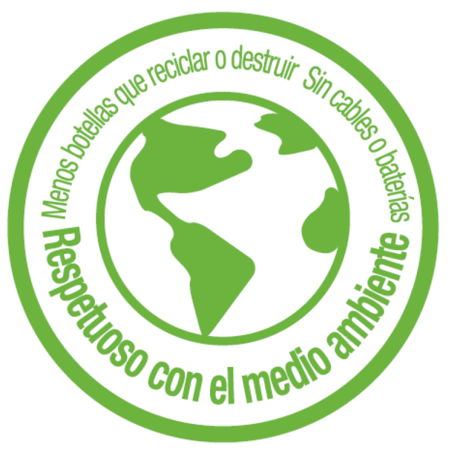 Logotipo redondo verde y blanco. Texto: Menos botellas, sin cables, respetuoso con el medio ambiente.