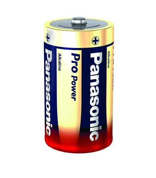 Batería Panasonic Pro Power; cilíndrica, con etiquetas azules y amarillas.