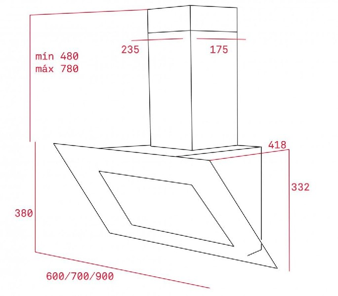 Un dibujo técnico de una campana extractora de cocina con dimensiones. Muestra forma y medidas.