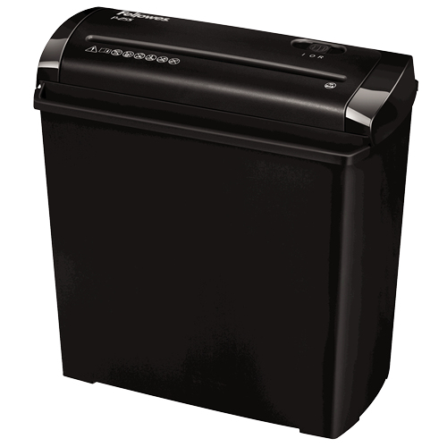 Destructora de papel Fellowes negra. Con papelera y panel de control en la parte superior.