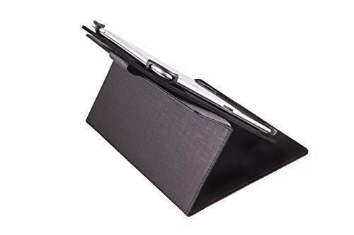 Funda de tableta negra con una tableta dentro, apoyada en una superficie blanca.