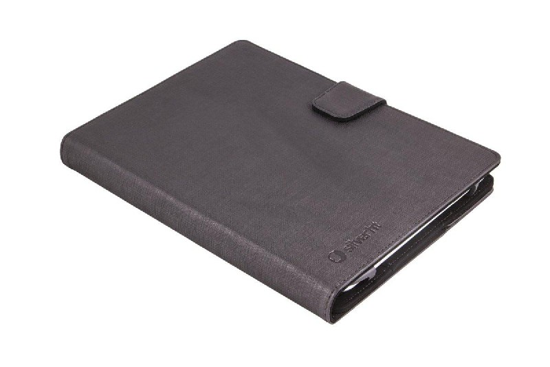 Una funda de tableta cerrada, gris oscuro, con un cierre. La marca está abajo.