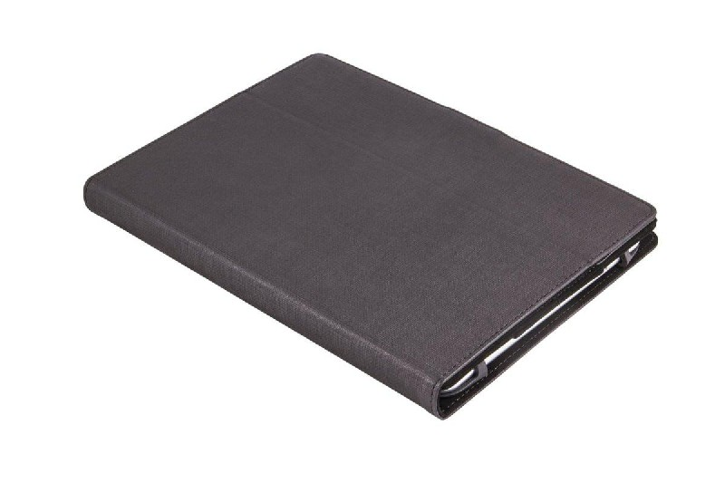 Funda de tableta gris oscuro cerrada, vista en ángulo. Diseño y textura elegantes visibles.