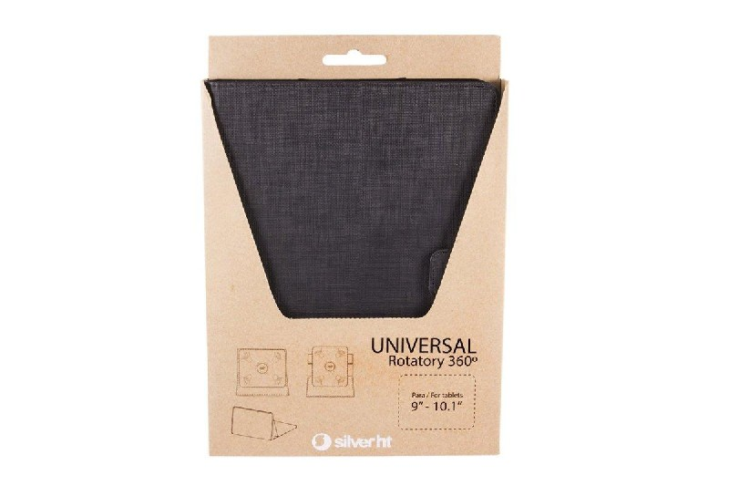Funda para tableta en embalaje de cartón. Es gris oscuro, con una caja de cartón marrón.