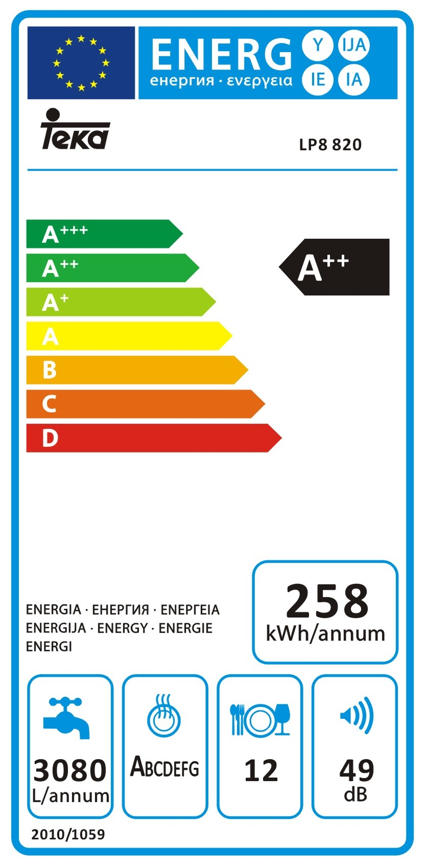 Lavavajillas - Teka LP8 820 blanco, 12 cubiertos, 6 programas, Inicio Diferido, A++