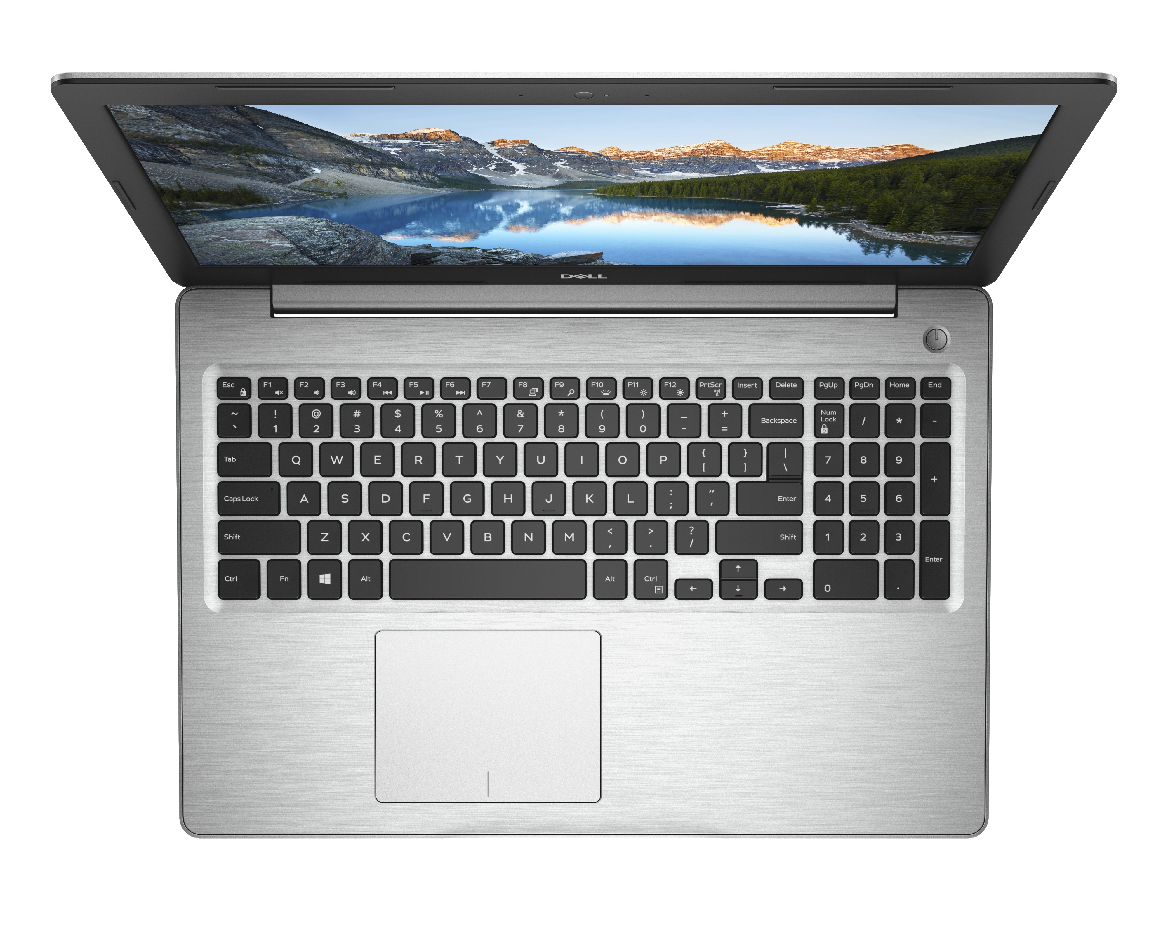 Laptop von oben mit geöffnetem Bildschirm. Der Bildschirm zeigt eine Landschaft. Tastatur und Trackpad sind sichtbar.