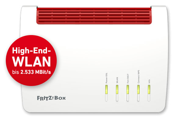 Weißer Router mit roten Akzenten, Text: High-End WLAN.