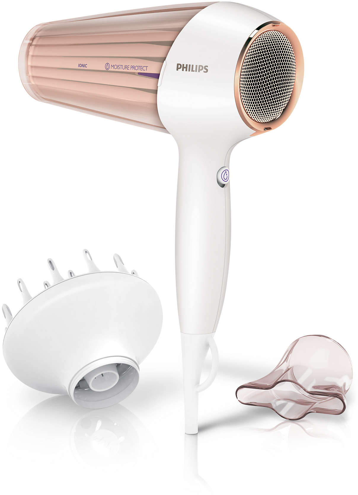 Witte en roségouden Philips haardroger met drie opzetstukken. Het heeft Ionic en Moisture Protect.