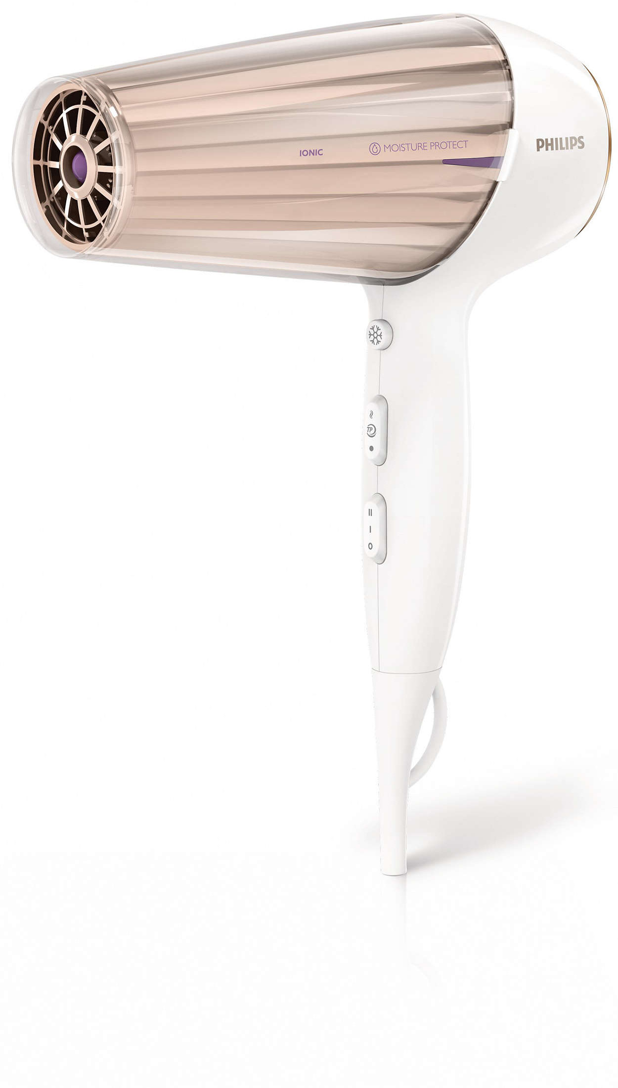 Witte Philips haardroger met roze accenten, op een witte achtergrond.