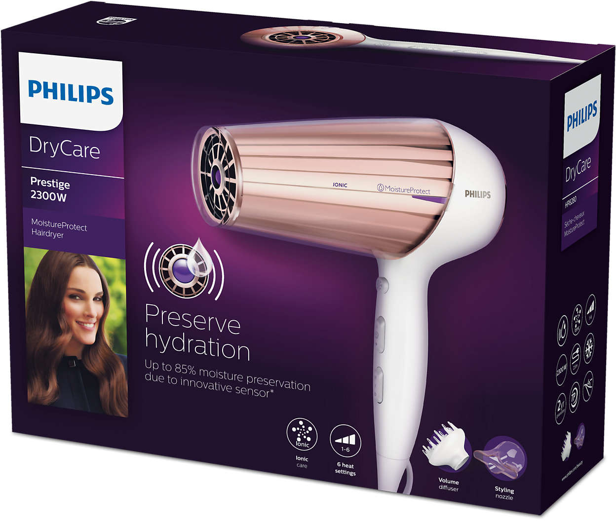 Doos met een haardroger. De doos toont de droger en het gezicht van een vrouw. Roze en wit.