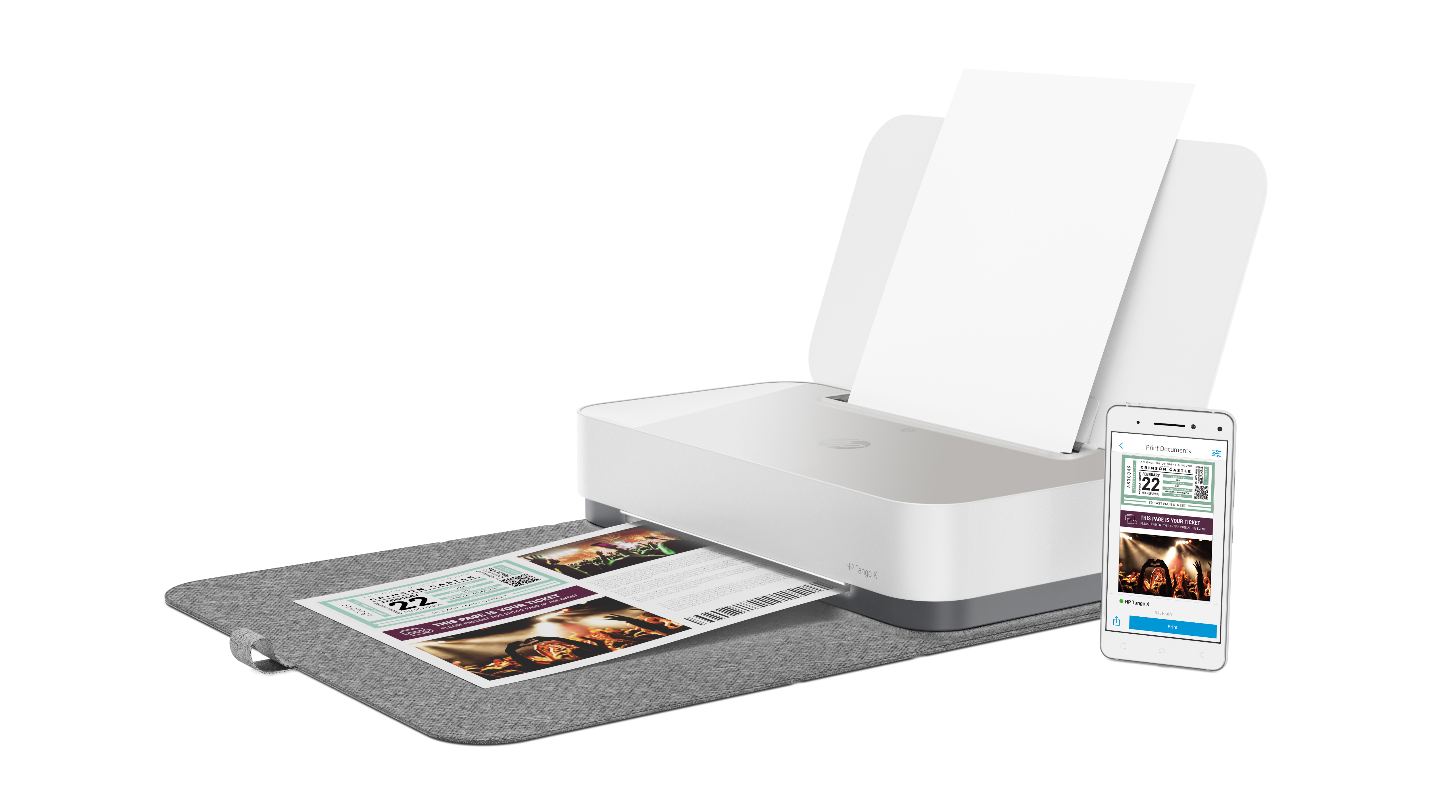 Weißer HP-Drucker druckt Tickets. Ein Telefon zeigt Ticketinfo.