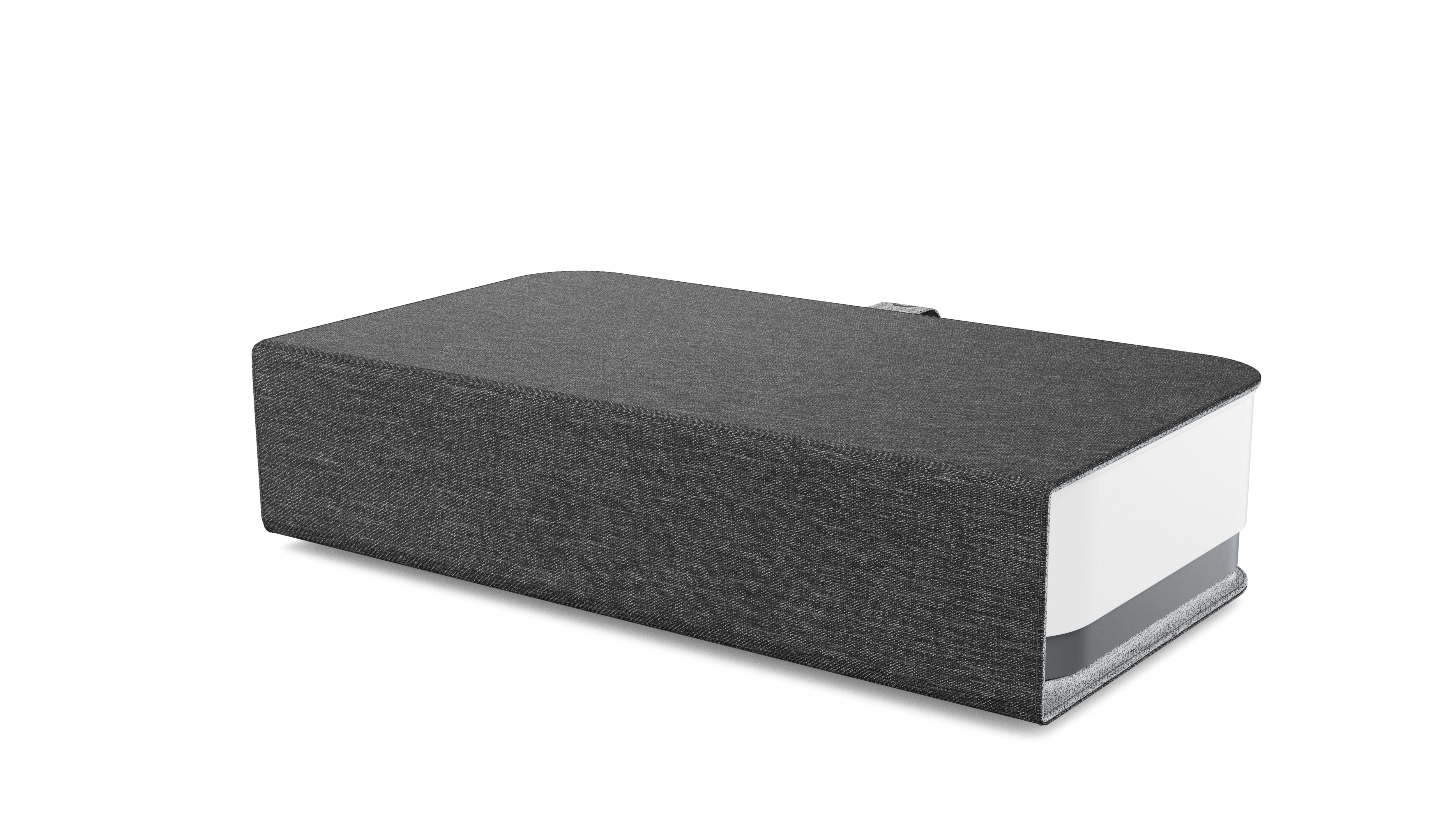 Dunkelgraue, mit Stoff bezogene Soundbar, weißer Akzent, auf weißem Hintergrund.