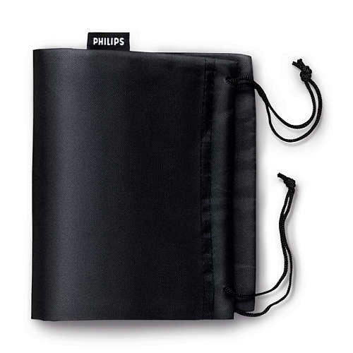 Bolsa negra Philips con cierre de cordón, marca visible.