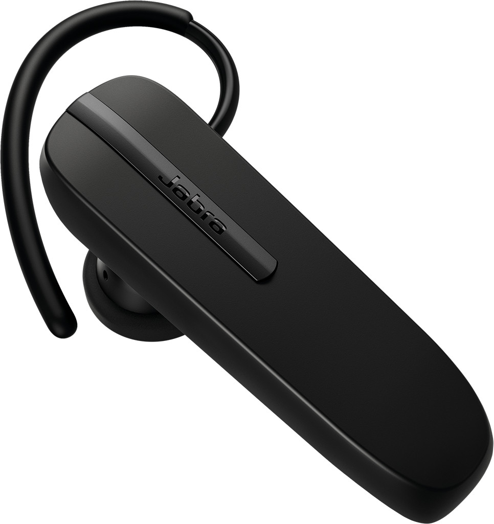 Black Jabra Bluetooth headset. It has a curved design and a microphone boom.