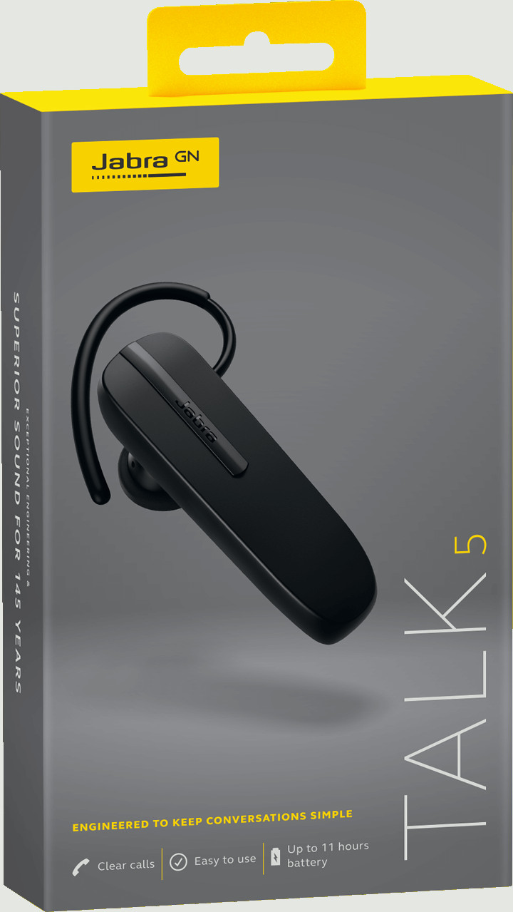Black Jabra Talk 5 Bluetooth headset with a gray box. The box has text on it.