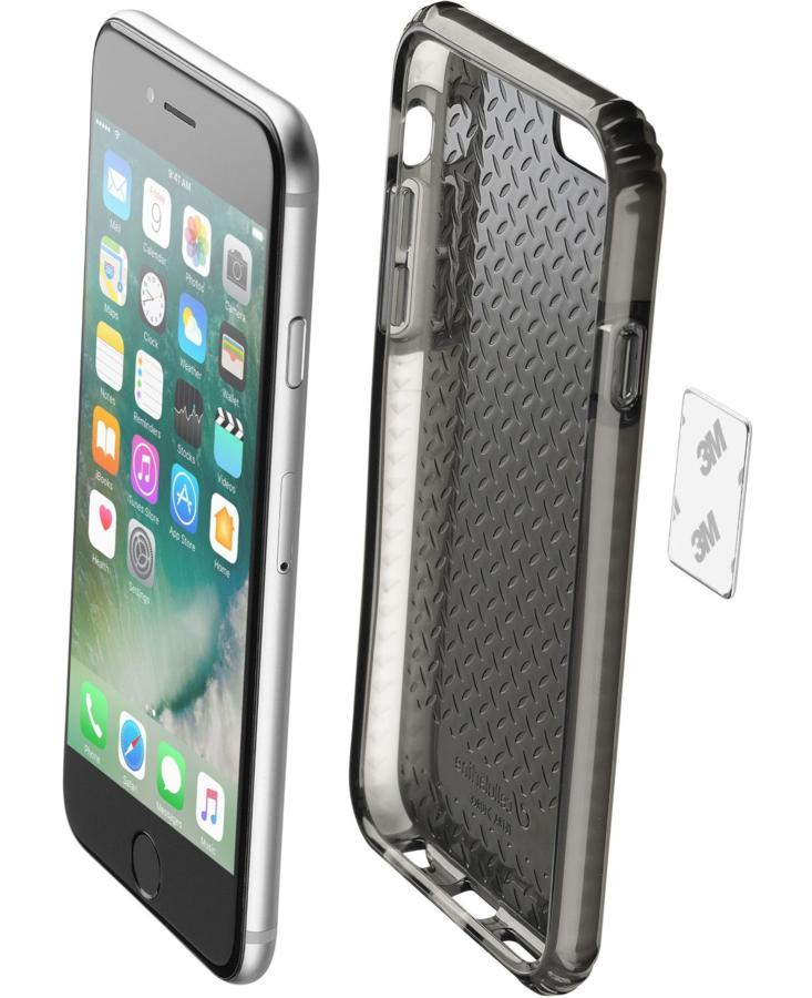 iPhone y funda transparente, con una almohadilla adhesiva 3M.