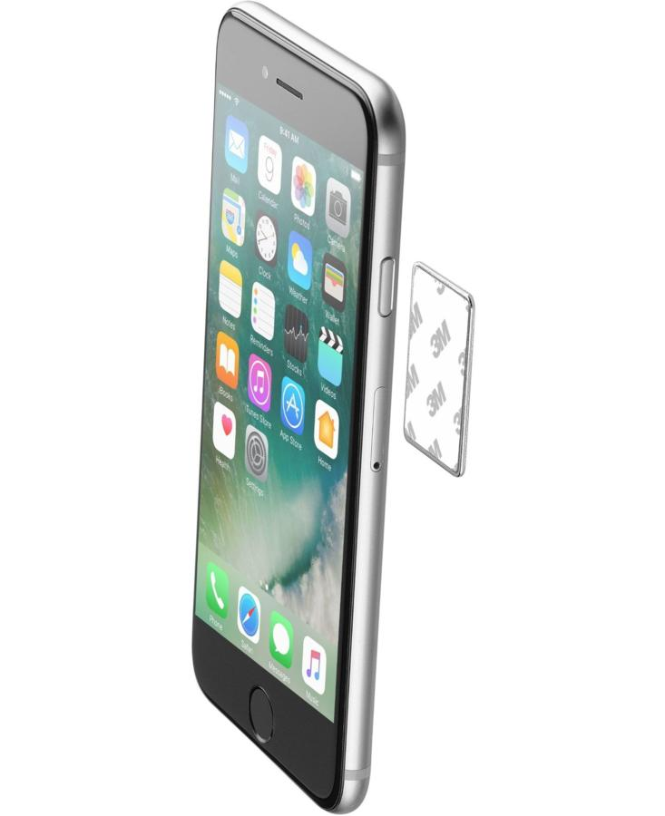iPhone plateado con aplicaciones mostradas. Se adjunta una almohadilla adhesiva 3M blanca.