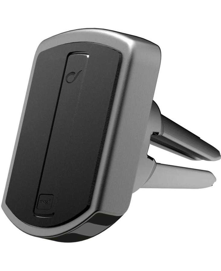 Un soporte para teléfono de coche negro y plateado con superficie magnética, inclinado para su visualización, sobre fondo blanco.