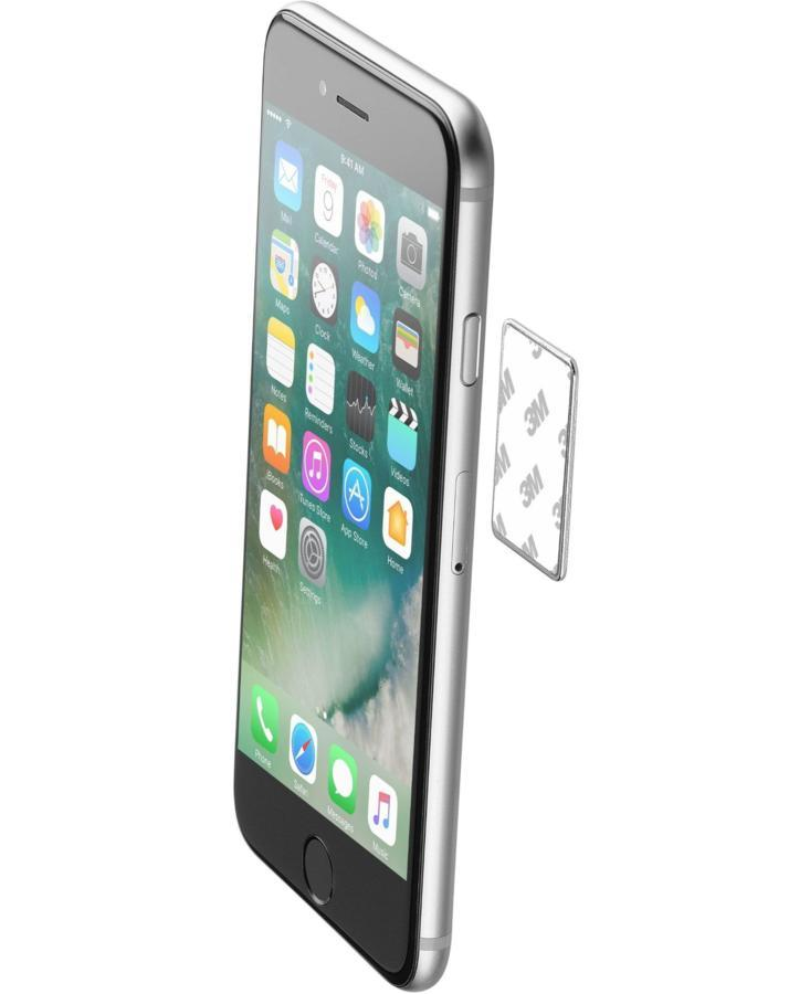iPhone plateado con una almohadilla adhesiva 3M al lado. El teléfono está ligeramente inclinado.