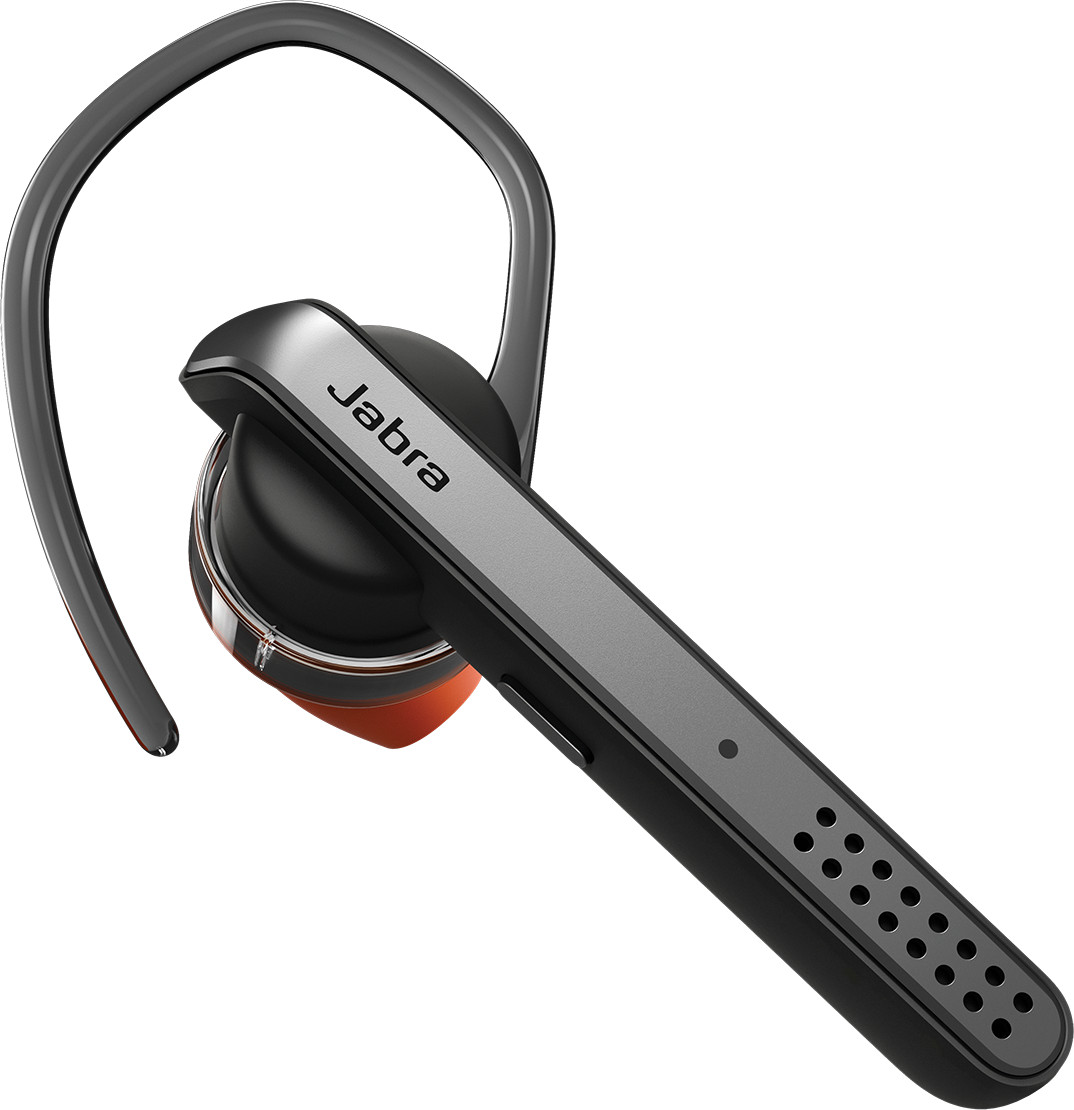 A black and gray Jabra headset with an orange accent and a microphone.