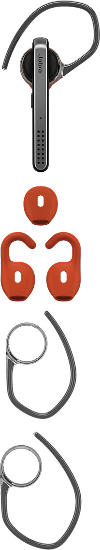 A black Jabra Bluetooth headset and accessories, including ear gels and ear hooks, arranged vertically.