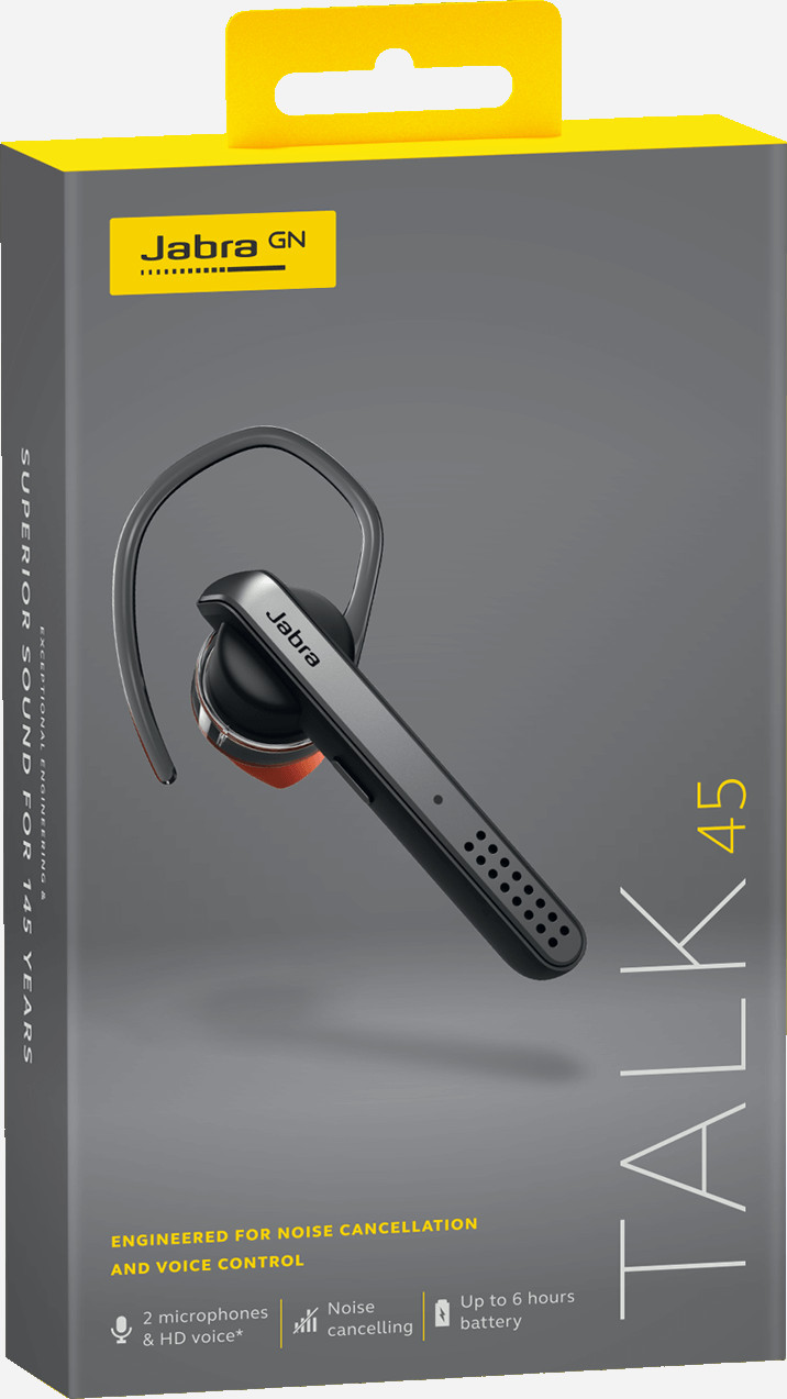 A Jabra Talk 45 headset box. The box is grey and yellow, with a picture of the headset.
