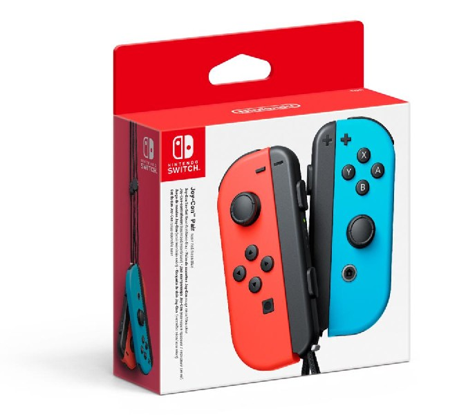 Mandos Joy-Con de Nintendo Switch en una caja, rojo y azul.
