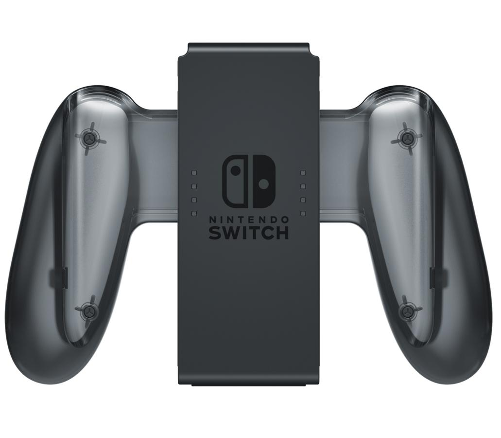 Empuñadura negra Joy-Con de Nintendo Switch. Soportes Joy-Con transparentes, logotipo de Nintendo Switch.