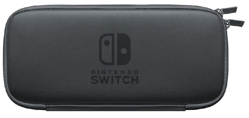 Funda negra para Nintendo Switch. Tiene un logotipo de Nintendo Switch. La funda tiene dos cremalleras.