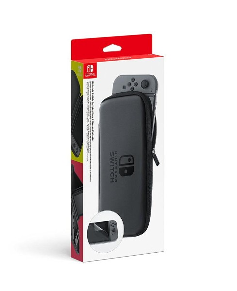 Funda de transporte Nintendo Switch. Estuche negro con una caja roja y blanca. Fondo blanco.