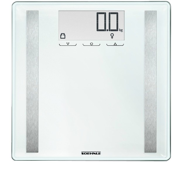 Una báscula de baño digital blanca que muestra 0.0 kg, con botones y un símbolo femenino.