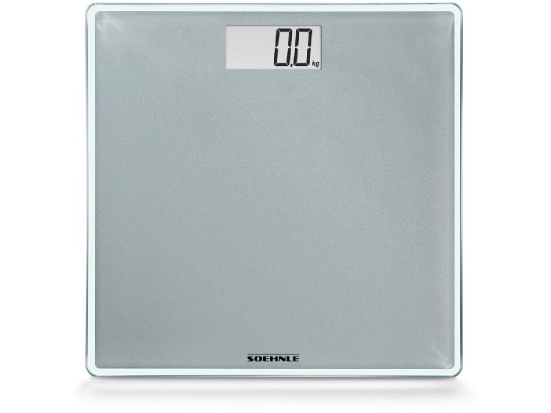 Una báscula de baño digital de vidrio y plata que muestra 0,0 kg.