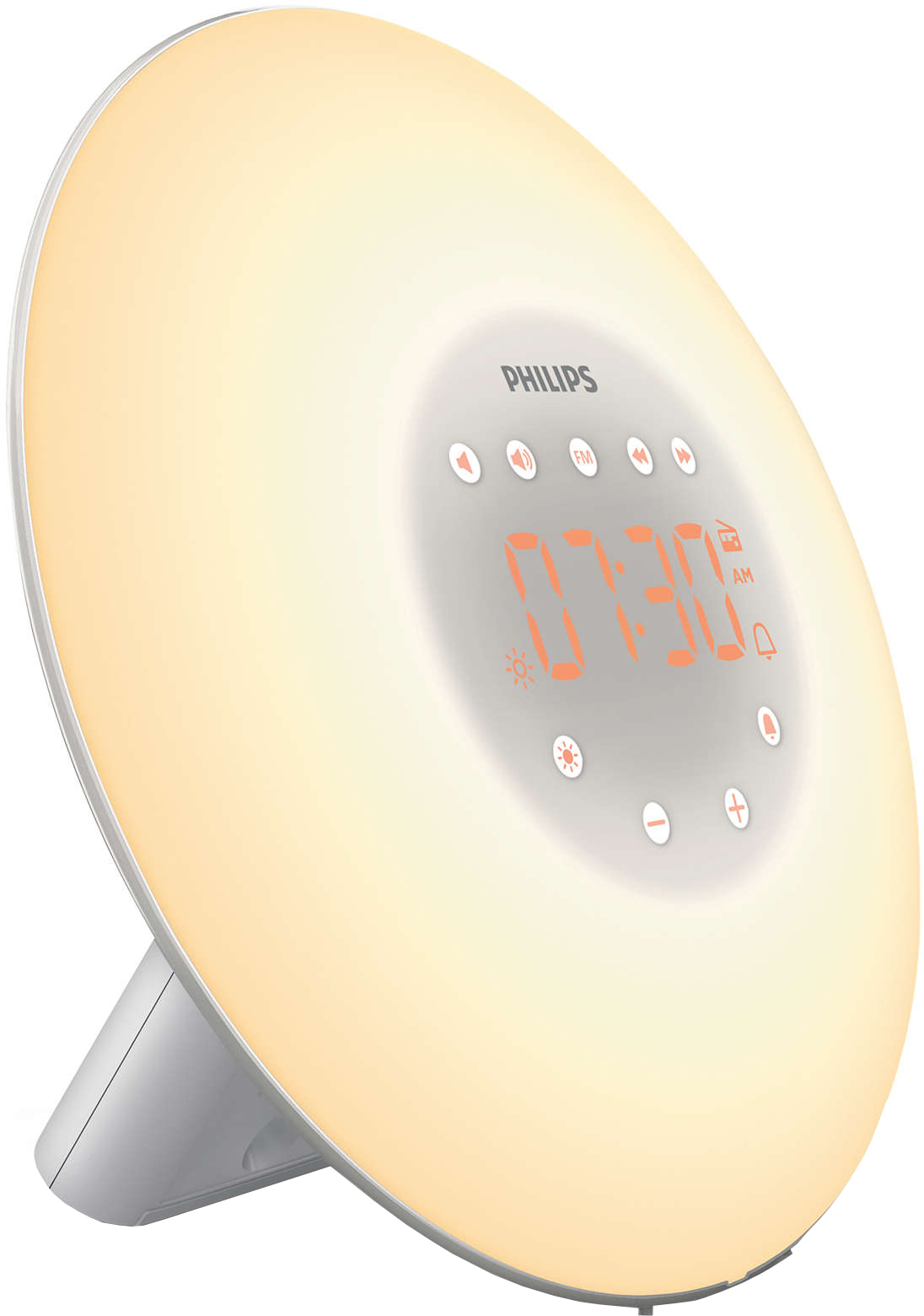Lampe de réveil Philips blanche et orange avec affichage numérique de l'heure.