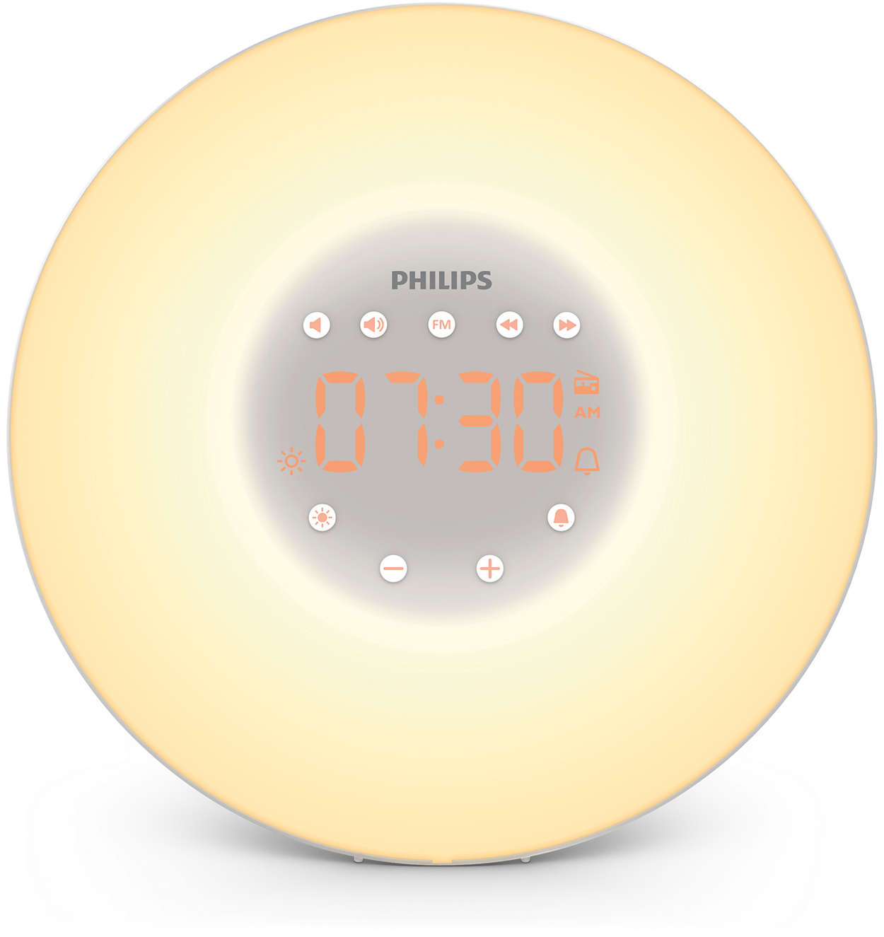 Un réveil Philips lever de soleil avec un affichage numérique indiquant l'heure 07:30.