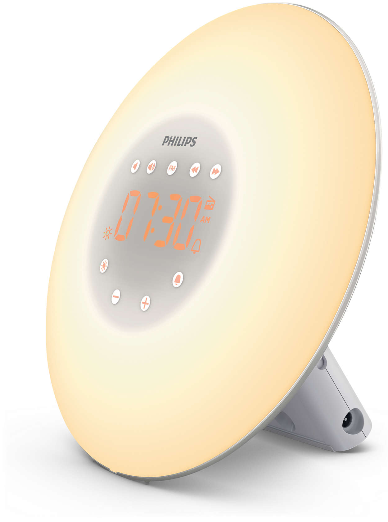 Lampe de réveil Philips blanche et grise avec affichage orange, affichant 07:30.