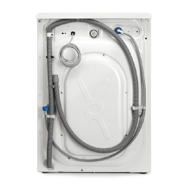 Parte trasera de una lavadora blanca. Se ven mangueras y cables.