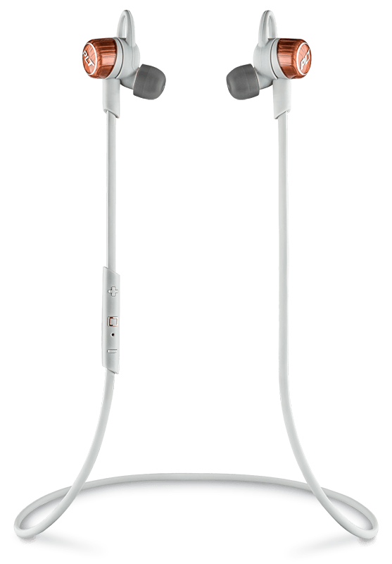 Auriculares inalámbricos blancos con detalles en oro rosa. Los auriculares están conectados por cable blanco.