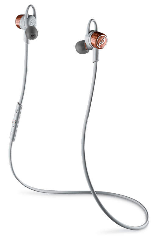 Auriculares inalámbricos blancos y grises, con un mando plateado y cable blanco.